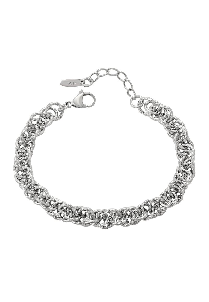 Bracciale in argento con anelli circolari intrecciati, finitura testurizzata e chiusura a gancio con catena regolabile.