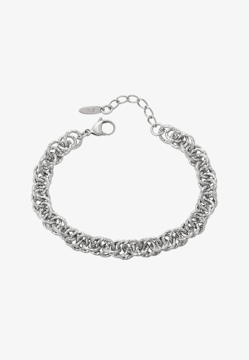 Hõbehelmesed käevõru, millel on omavahel põimuvad ringikujulised lingid, struktuuriga viimistlus ning klamberkinnitus koos reguleeritava ahelaga.