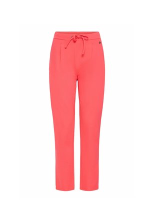 Korale hlače napravljene su od mekog materijala s pojasom na vezanje, sužavanjem nogavica i prednjim nabranim detaljima. Podesivi pojas s metalnim okovima.