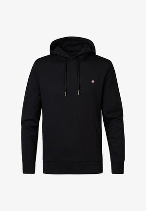 Black hoodie made of soft fabric, featuring a front pocket, adjustable drawstrings, and a small logo on the chest. Classic design.