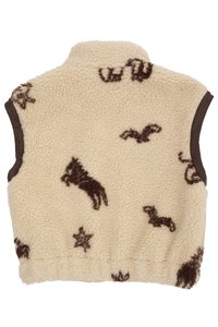 Vesta din fleece crem cu modele de animale și stele maro, cu guler înalt și fără mâneci, tiv elastic la baza și accente din material maro.