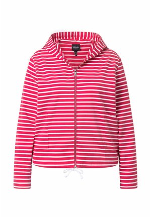 Chaqueta con capucha de rayas horizontales rojas y blancas, cremallera frontal, mangas largas, dos bolsillos laterales y dobladillo ajustable con cordón.