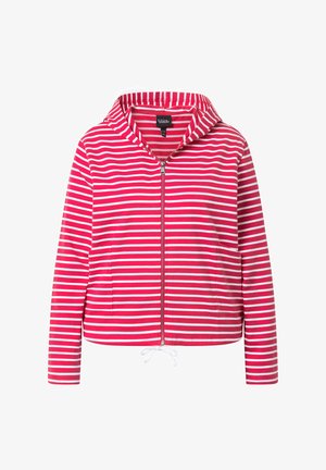 Czerwona i biała kurtka z kapturem w poziome paski, z przednim zamkiem błyskawicznym, długimi rękawami, dwoma bocznymi kieszeniami oraz regulowanym ściągaczem na dole.