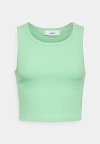 Mint green ribbed crop top with a round neckline and wide straps. Features a label with “JJXX” stitched inside. Soft, stretchy material.