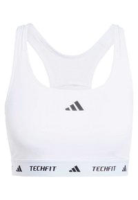Hvit sports-BH med racerback-design, laget av glatt stoff. Har et svart "Techfit"-bånd i kanten og svart Adidas-logo på fronten.