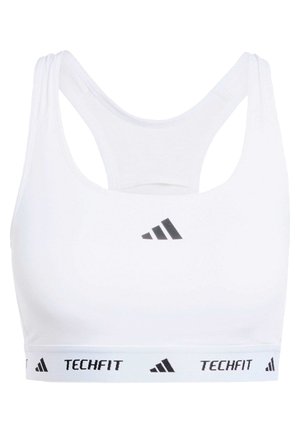 Witte sportbh met een racerback ontwerp, gemaakt van gladde stof. Bevat een zwarte "Techfit" band aan de onderrand en een zwart Adidas logo aan de voorkant.