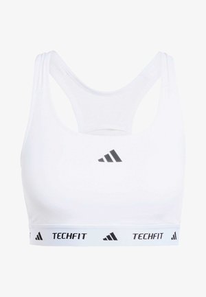 Hvit sports-BH med racerback-design, laget av glatt stoff. Har et svart "Techfit"-bånd i kanten og svart Adidas-logo på fronten.