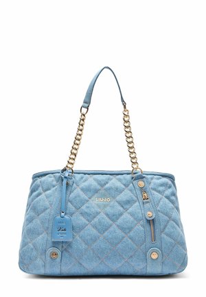 Sac à main matelassé bleu clair avec bandoulières chaîne dorée, détail zippé, étiquette de marque et logo LIU JO à l'avant.