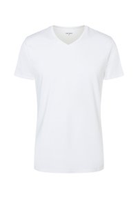 T-shirt bianco in cotone con scollo a V, maniche corte e vestibilità casual. Texture liscia e senza motivi o logo visibili.
