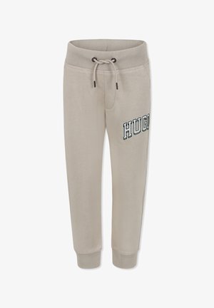 Beige sweatpants met een geribde tailleband en manchetten, voorzien van een trekkoord en het "HUGO" logo in donkergroen aan de zijkant. Zachte, gestructureerde stof.