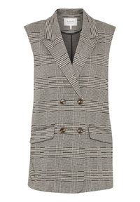 Gilet sans manches à carreaux noir et blanc avec une silhouette cintrée, des boutons double boutonnage et des poches latérales. Tissu texturé.