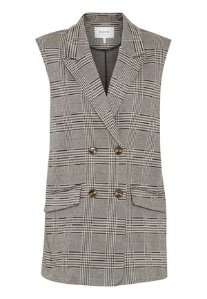 Gilet sans manches à carreaux noir et blanc avec une silhouette cintrée, des boutons double boutonnage et des poches latérales. Tissu texturé.