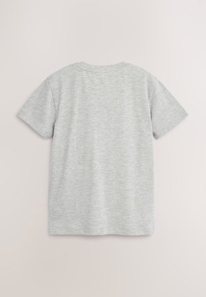 Siva majica s kratkimi rokavi iz mehke, lahko tkanine s klasičnim okroglim izrezom in gladko, enakomerno teksturo. Prikazan je zadnji pogled.