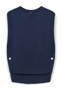 Débardeur en tricot bleu marine sans manches avec un col rond, des côtés côtelés et des détails de boutons à l'ourlet pour une touche de design supplémentaire.