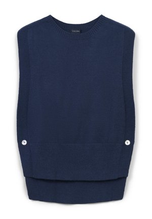 Débardeur en tricot bleu marine sans manches avec un col rond, des côtés côtelés et des détails de boutons à l'ourlet pour une touche de design supplémentaire.