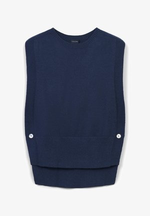 Débardeur en tricot bleu marine sans manches avec un col rond, des côtés côtelés et des détails de boutons à l'ourlet pour une touche de design supplémentaire.