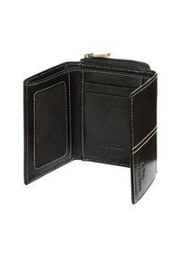 Zwarte lederen portemonnee met een ritsvak, meerdere kaartslots en een doorzichtig ID-slot. Kenmerkt zich door een witte stiksels voor contrast.