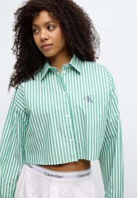 Κοντομάνικο πουκάμισο με πράσινες και άσπρες ρίγες, κούμπωμα με κουμπιά και γιακά, με μικρό λογότυπο στο στήθος. Το μοντέλο φοράει άσπρο παντελόνι Calvin Klein.