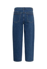 Jean en denim bleu vu de dos avec deux poches arrière et une coupe droite qui se termine aux chevilles.