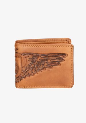 Portafoglio in pelle tan con design a rilievo a forma di ali, cuciture a contrasto, struttura a bi-fold e superficie liscia senza chiusure aggiuntive.