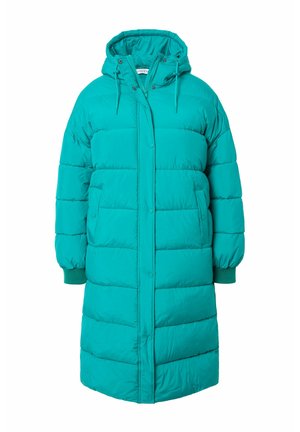 Tiefblauer gepolsterter Parka mit Kapuze, ausgestattet mit Druckknopfverschlüssen, Kängurutaschen, elastischen Bündchen und einem knielangen Design für Wärme.