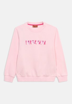 Light pink long-sleeve sweatshirt with ribbed cuffs and hem, featuring multicolored patterned "MISSONI" text centered on the front.