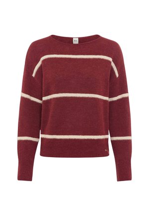 Bordeaux gestrickter Pullover mit elfenbeinfarbenen horizontalen Streifen; weite Bootskragen; überschnittene Schultern; strukturierter Stoff; gerippte Bündchen und Saum.