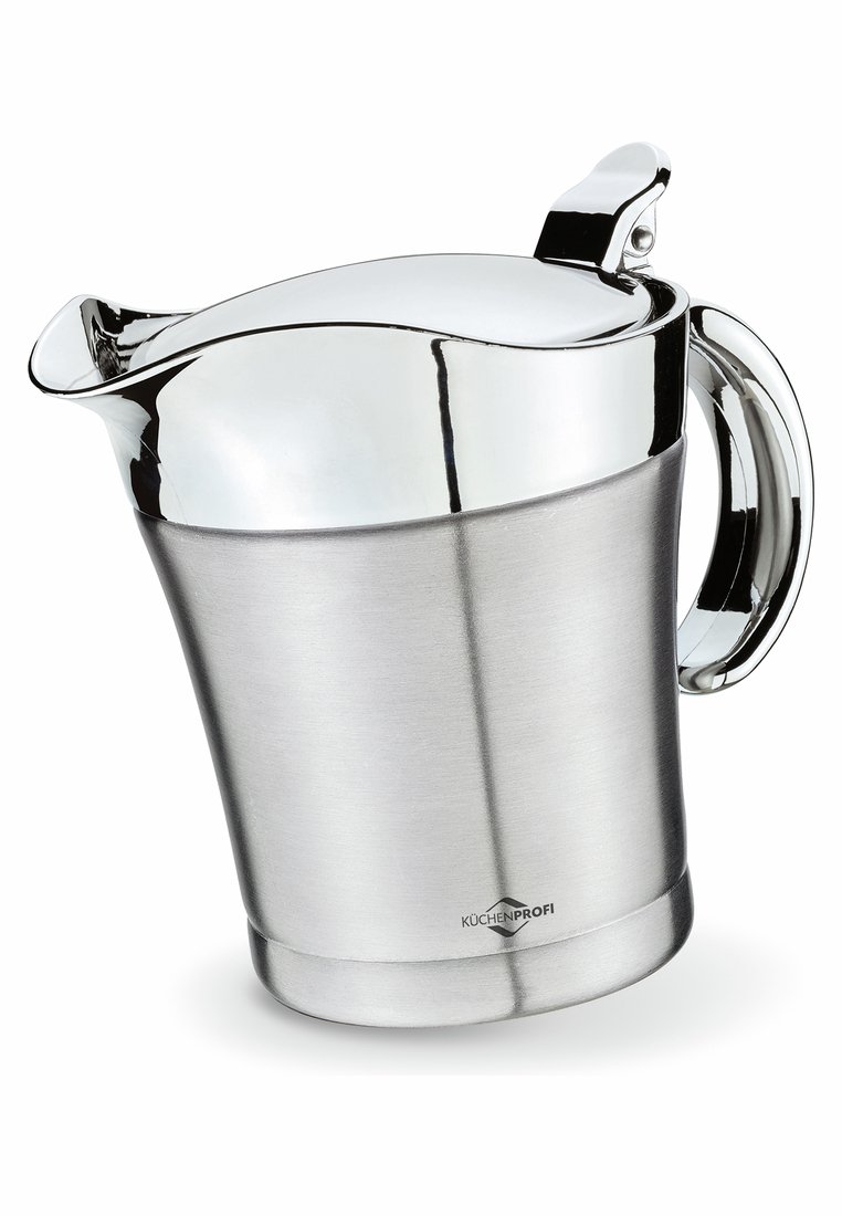Stainless steel pitcher with a polished silver finish, tapered shape, a sturdy handle, and a hinged lid for pouring.
