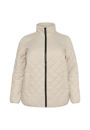 Beige, quilted jacket with a high collar, front zip closure, and two side pockets. Textured fabric with diagonal diamond pattern.