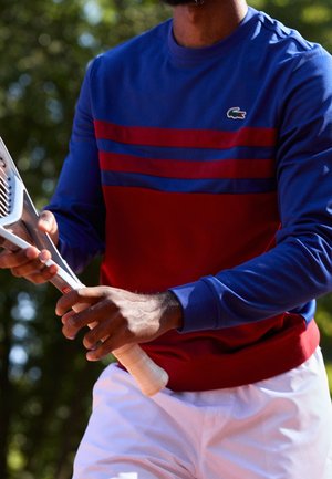 Mann in blau-rotem Langarmshirt hält draußen einen Tennisschläger mit weißem Griff vor verschwommenem grünem Hintergrund.