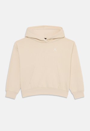 Beige Kapuzenpullover mit vorderer Kängurutasche und kleinem weißen Jumpman-Logo auf der linken Brust.