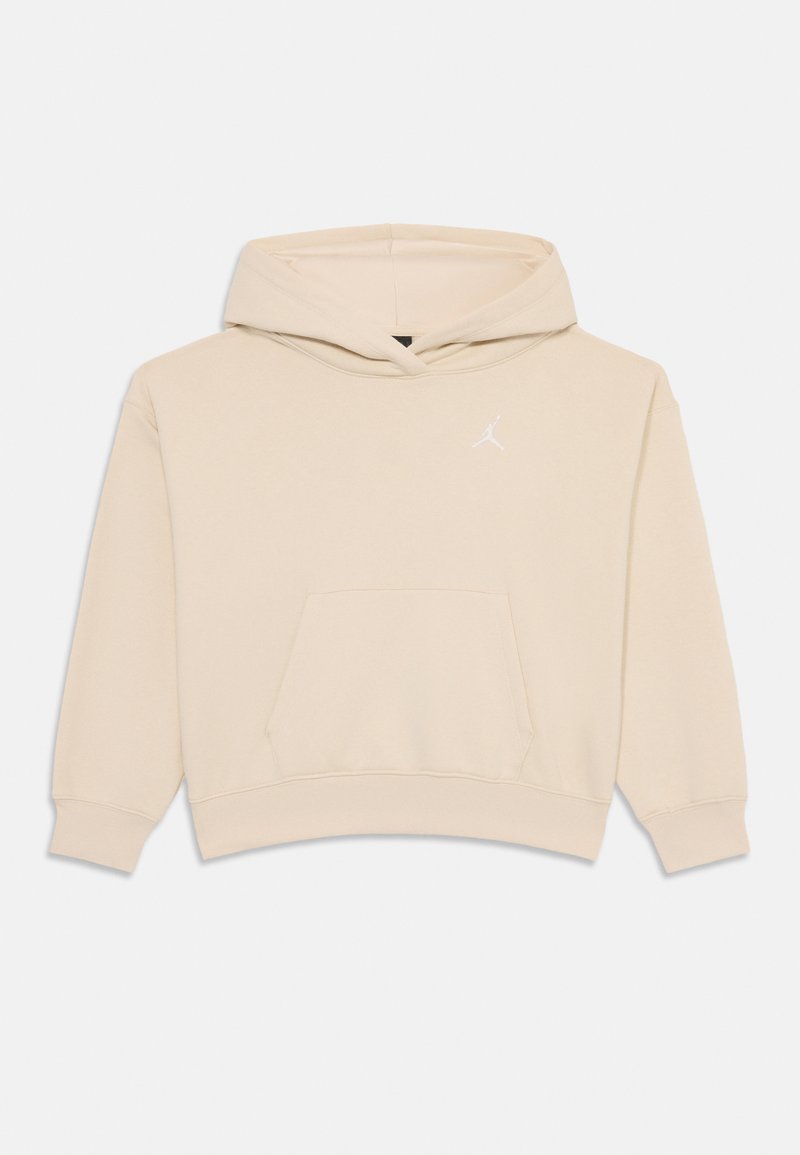 Sweatshirt bege com capuz, bolso tipo canguru à frente e pequeno logo Jumpman branco no lado esquerdo do peito.