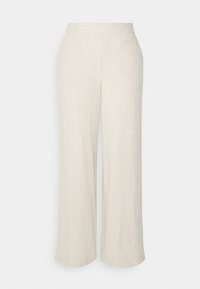 Pantalones de pierna ancha hechos de un tejido texturizado y de color claro. Cuentan con una cintura alta y costuras limpias, con un diseño minimalista.