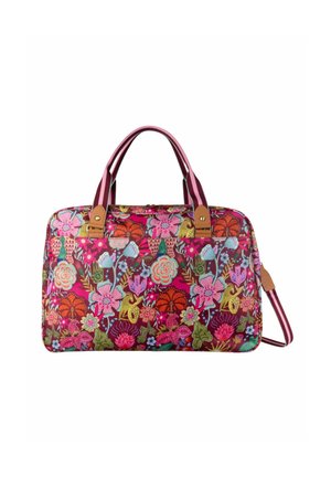 Tote bag met een bloemenpatroon in een rode en roze kleurpalet, gemaakt van stof. Beschikt over twee bruine leren accenten en paarse gestreepte handvatten.