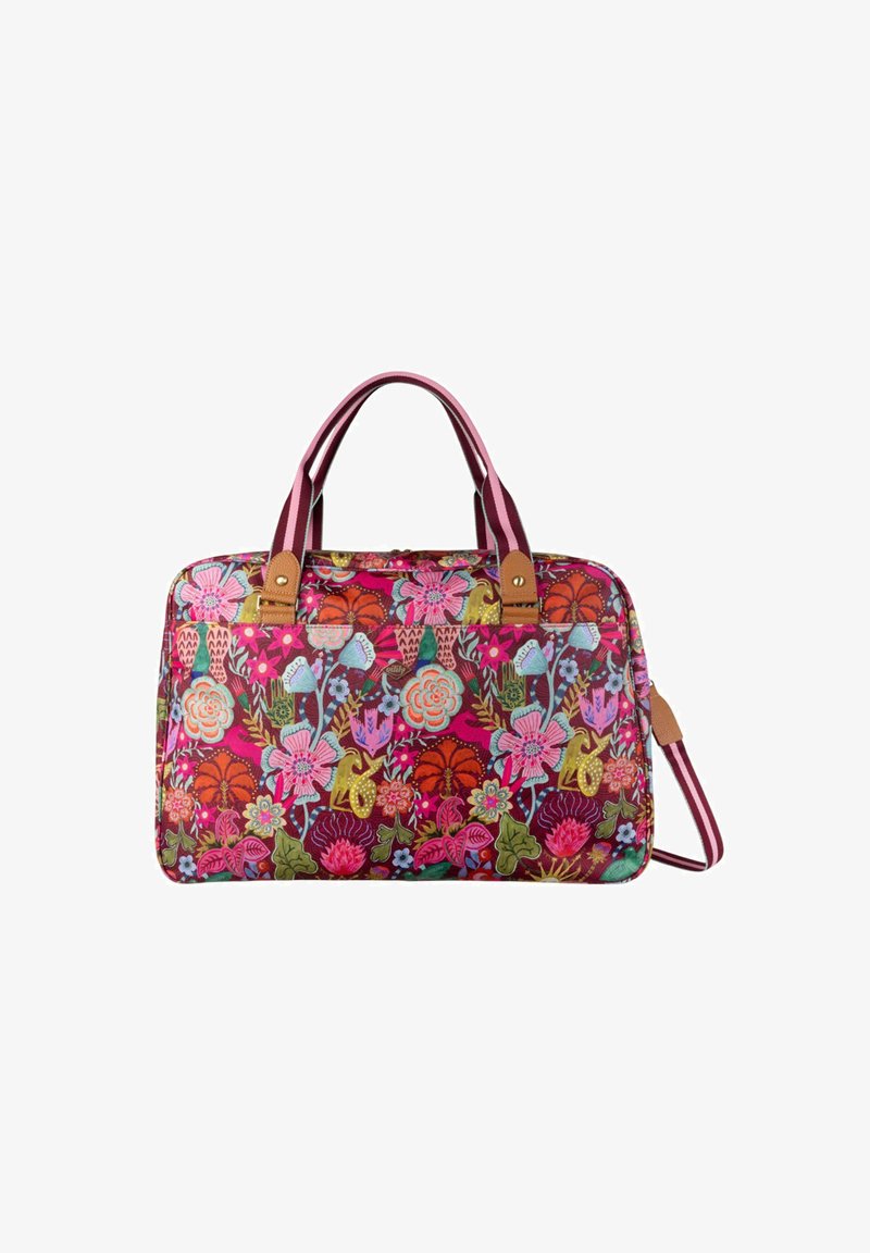 Sac fourre-tout à motif floral avec une palette de couleurs rouge et rose, fabriqué en tissu. Il possède deux accents en cuir marron et des poignées rayées violettes.