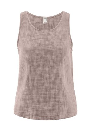 Ärmelloses, mauvefarbenes, strukturiertes Baumwoll-Top mit Rundhalsausschnitt und feinem Karomuster, entworfen für legere Kleidung.