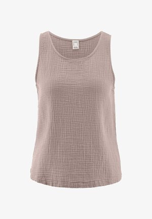 Ärmelloses, mauvefarbenes, strukturiertes Baumwoll-Top mit Rundhalsausschnitt und feinem Karomuster, entworfen für legere Kleidung.