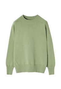 Hellgrüner Pullover aus weichem Material, mit einem gerippten Kragen und Saum, locker sitzend und langen Ärmeln. Glatte Textur, minimalistisches Design.