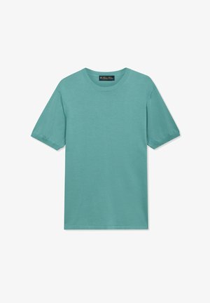 Schlichtes türkisfarbenes T-Shirt mit kurzen Ärmeln und Rundhalsausschnitt, mit einem kleinen Stoffetikett im Kragen, vor weißem Hintergrund.