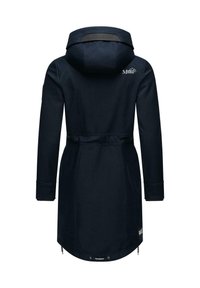 Navy blue long coat with a hood, adjustable waist belt, and front zippers. Features logo detailing and cuff accents. Soft, textured fabric.