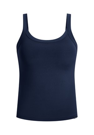 Navy blue sleeveless tank top made of smooth fabric, featuring a rounded neckline, minimal seams, and a straight hem.