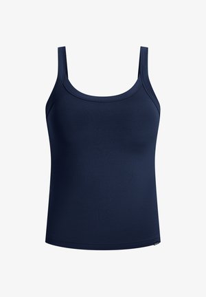 Marineblauwe mouwloze tanktop van gladde stof, met een ronde halslijn, minimale naden en een rechte zoom.