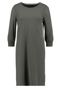 Dunkelgraues, langärmliges Strickkleid mit rundem Ausschnitt und gerippten Bündchen, ausgestattet mit kontrastierenden hellen Seitenelementen.