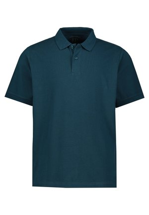Dunkeltürkises Poloshirt mit Kragen, kurzen Ärmeln, einer zweiknöpfigen Knopfleiste und geribbelter Textur. Sauberes Design ohne Muster oder Akzente.