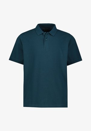 Donker teal polo-shirt met een kraag, korte mouwen, een knoopsluiting met twee knopen en een geribbelde textuur. Schoon ontwerp zonder patronen of accenten.