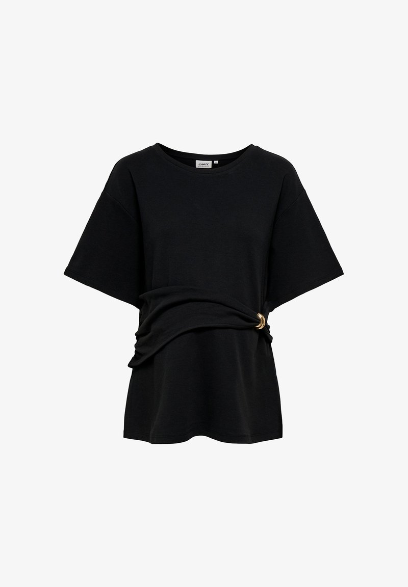 T-shirt noir à manches courtes avec encolure ronde, doté d'une taille froncée maintenue par un petit anneau doré sur le côté.