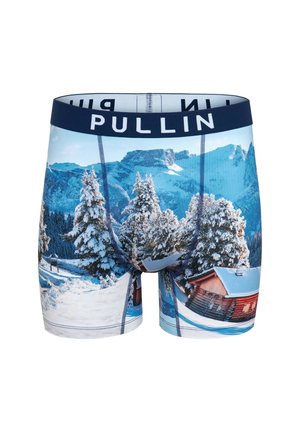 Boxers hommes avec un motif de paysage d'hiver bleu et blanc, featuring des arbres enneigés et des chalets. Ceinture élastique avec la marque "PULLIN".