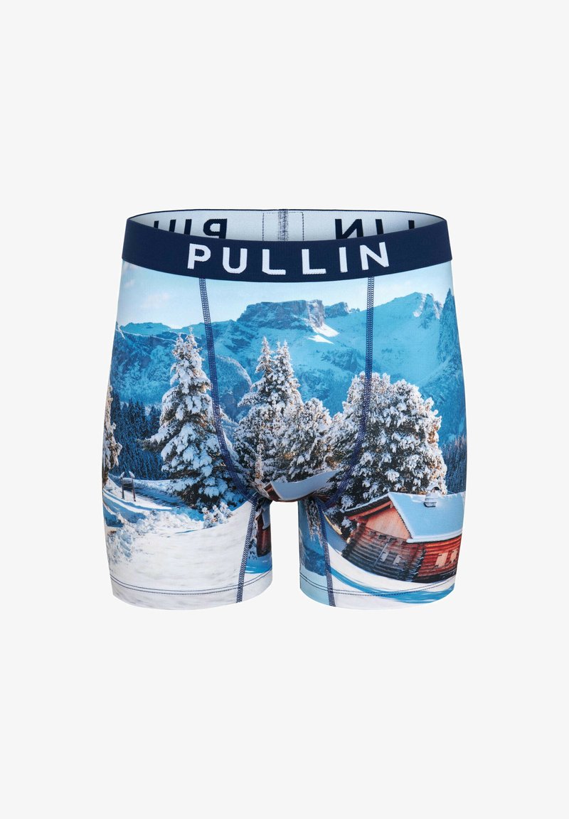 Boxers hommes avec un motif de paysage d'hiver bleu et blanc, featuring des arbres enneigés et des chalets. Ceinture élastique avec la marque "PULLIN".
