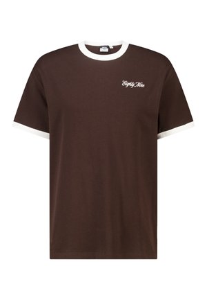 Brown short-sleeve T-shirt with white collar and sleeve edges, featuring "Eighty Nine" text embroidered on the left chest.