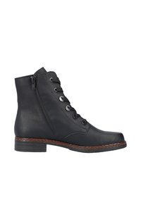 Bottines noires en cuir avec un laçage à l'avant et une fermeture éclair sur le côté. Elles présentent un petit talon empilé et une couture décorative le long de la semelle.